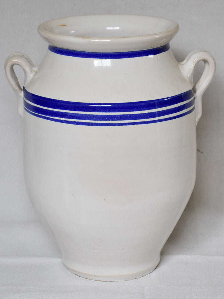 Large French preserving pot from the early 20th century - white with blue stripes 12½"