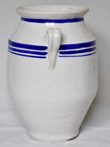 Large French preserving pot from the early 20th century - white with blue stripes 12½"