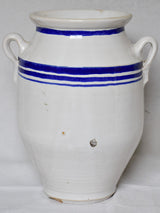 Large French preserving pot from the early 20th century - white with blue stripes 12½"