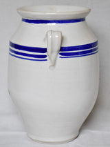 Large French preserving pot from the early 20th century - white with blue stripes 12½"