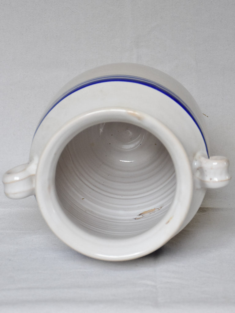 Large French preserving pot from the early 20th century - white with blue stripes 12½"