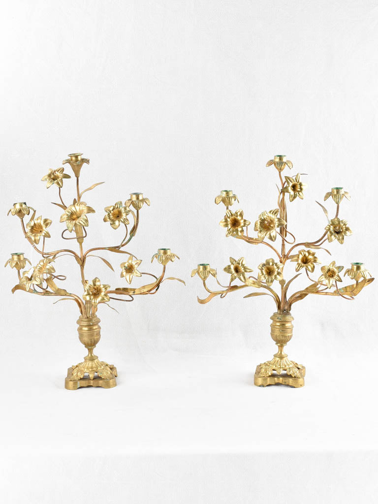 Pair of antique altar candelabras with flowers 20½"