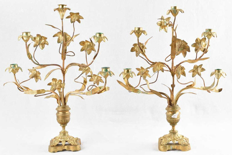 Pair of antique altar candelabras with flowers 20½"