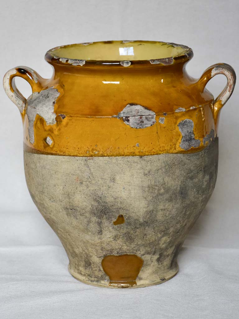 19th century French confit pot with yellow orange glaze 11"