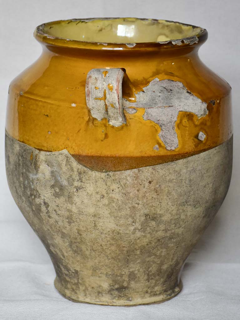 19th century French confit pot with yellow orange glaze 11"