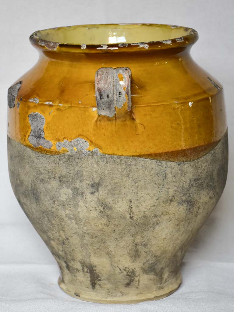19th century French confit pot with yellow orange glaze 11"
