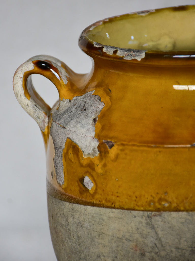 19th century French confit pot with yellow orange glaze 11"