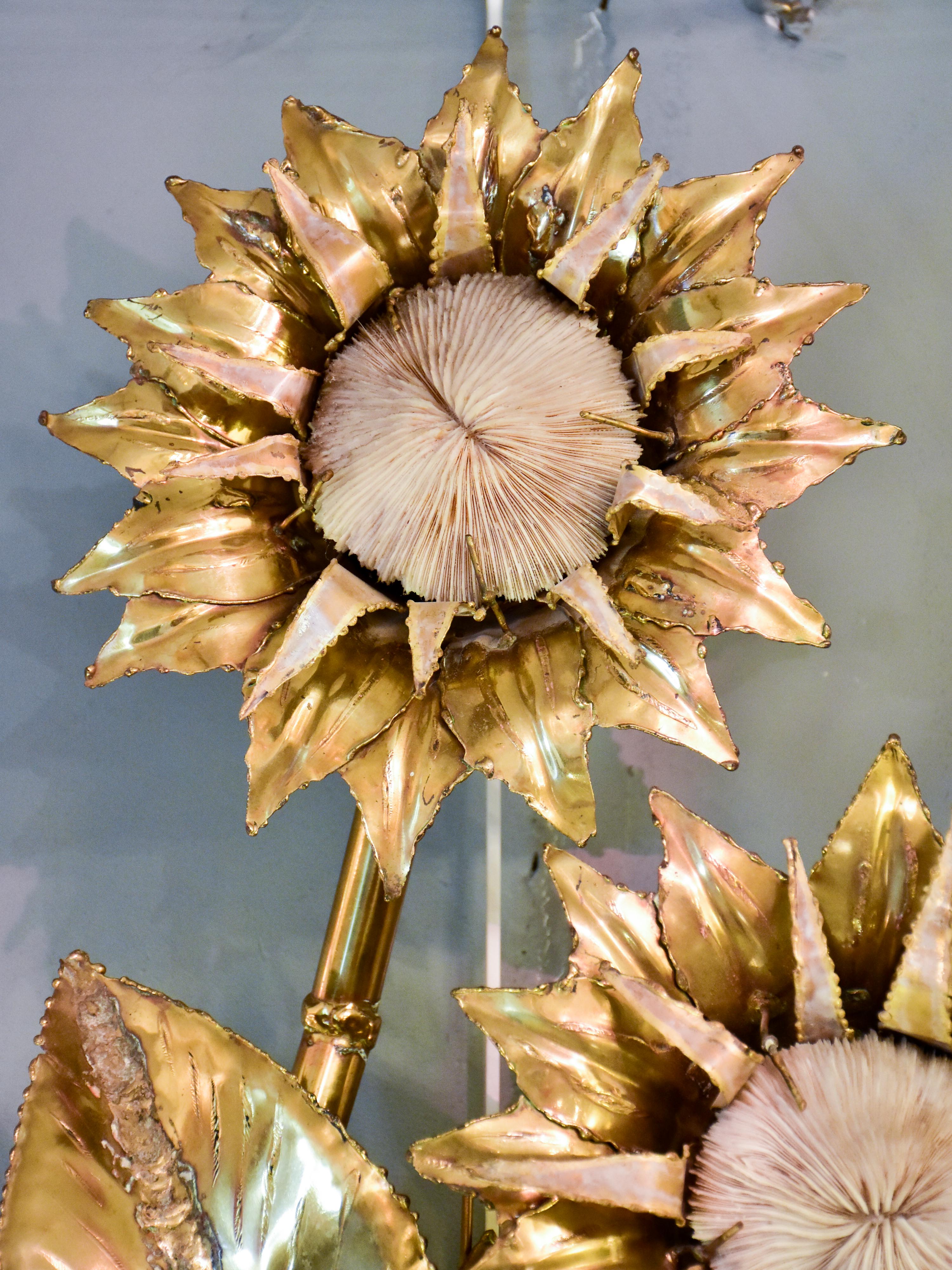 Vintage sunflower wall applique with coral - Brasseur style