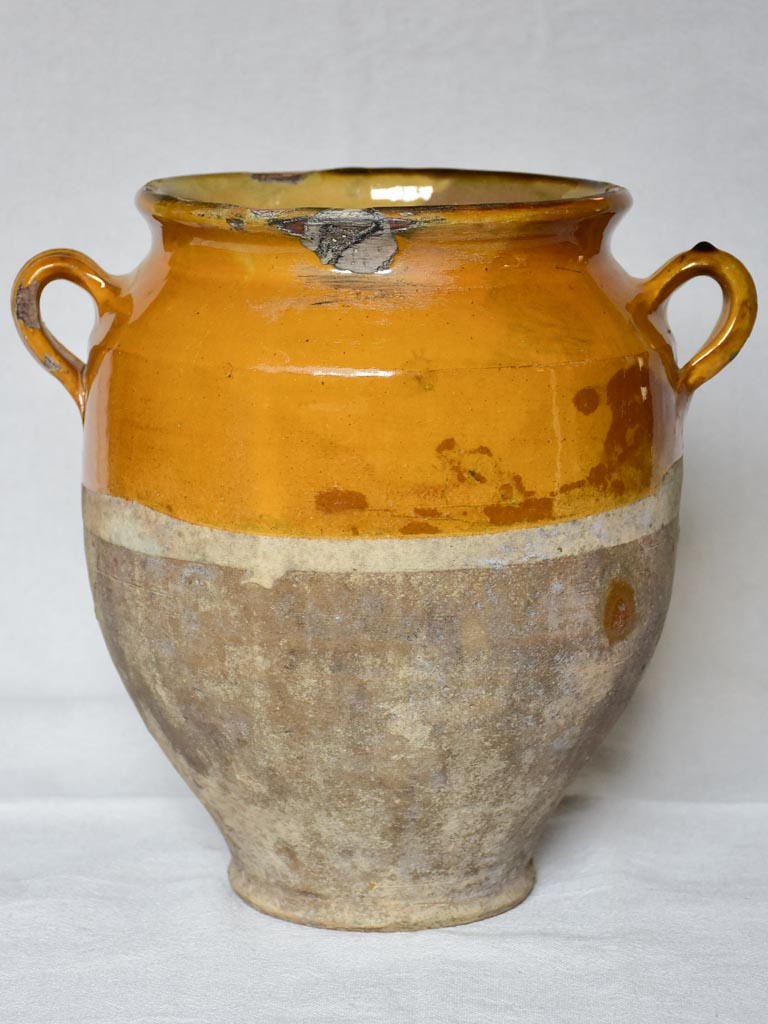 SOLD - MM Superb large antique French confit pot with orange yellow glaze 11½"