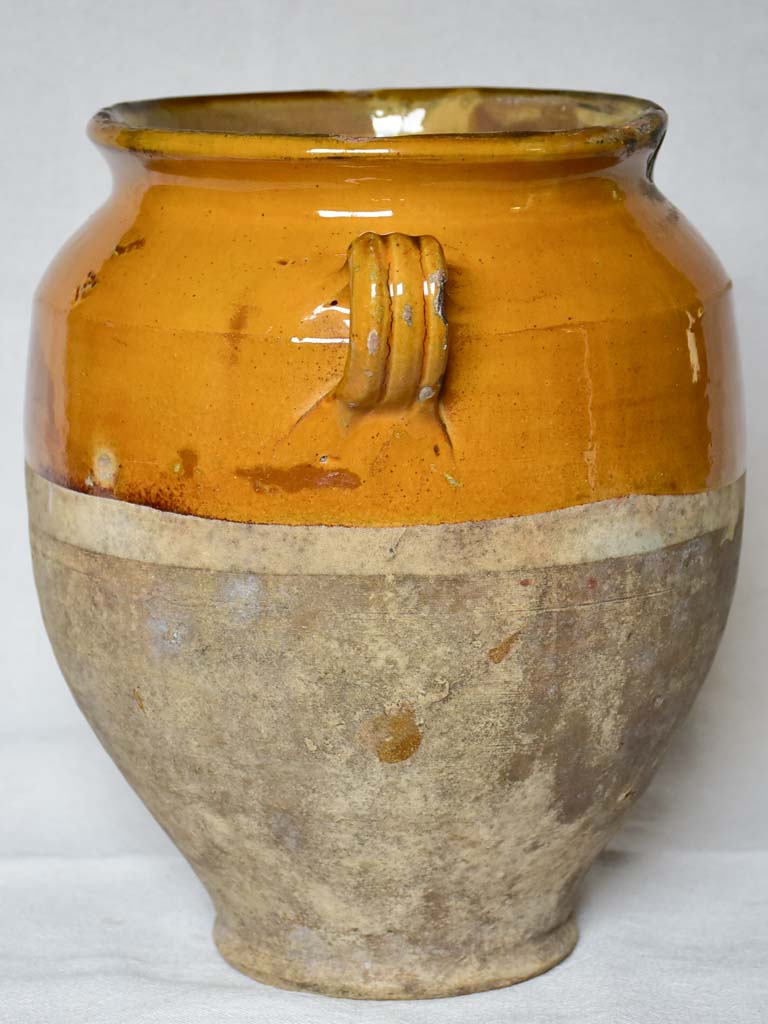 SOLD - MM Superb large antique French confit pot with orange yellow glaze 11½"