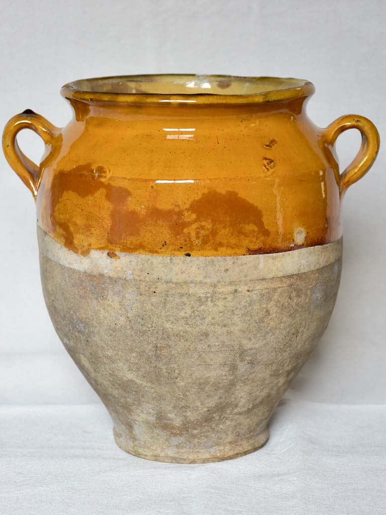 SOLD - MM Superb large antique French confit pot with orange yellow glaze 11½"