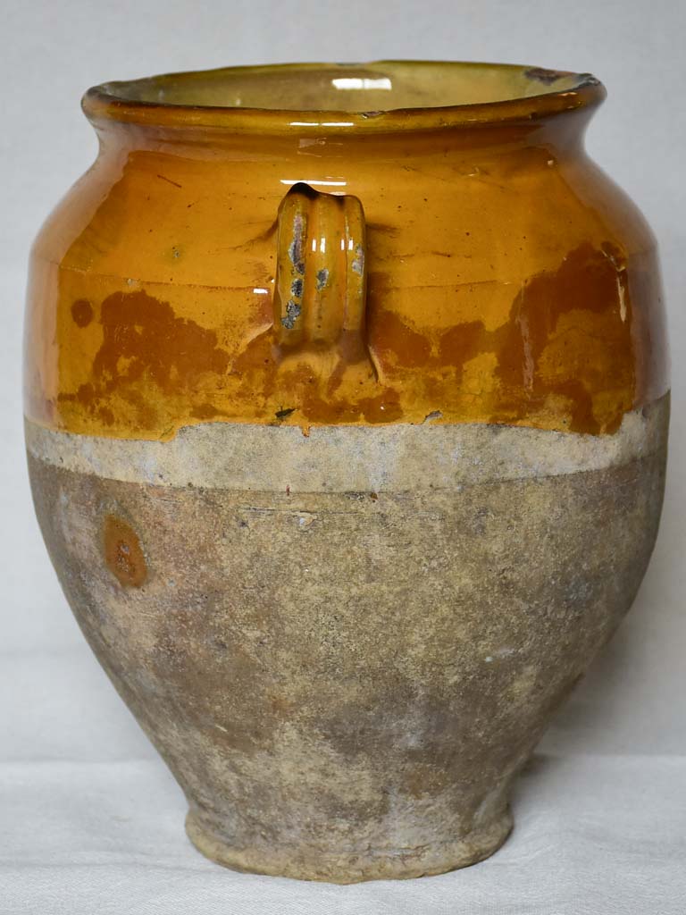 SOLD - MM Superb large antique French confit pot with orange yellow glaze 11½"