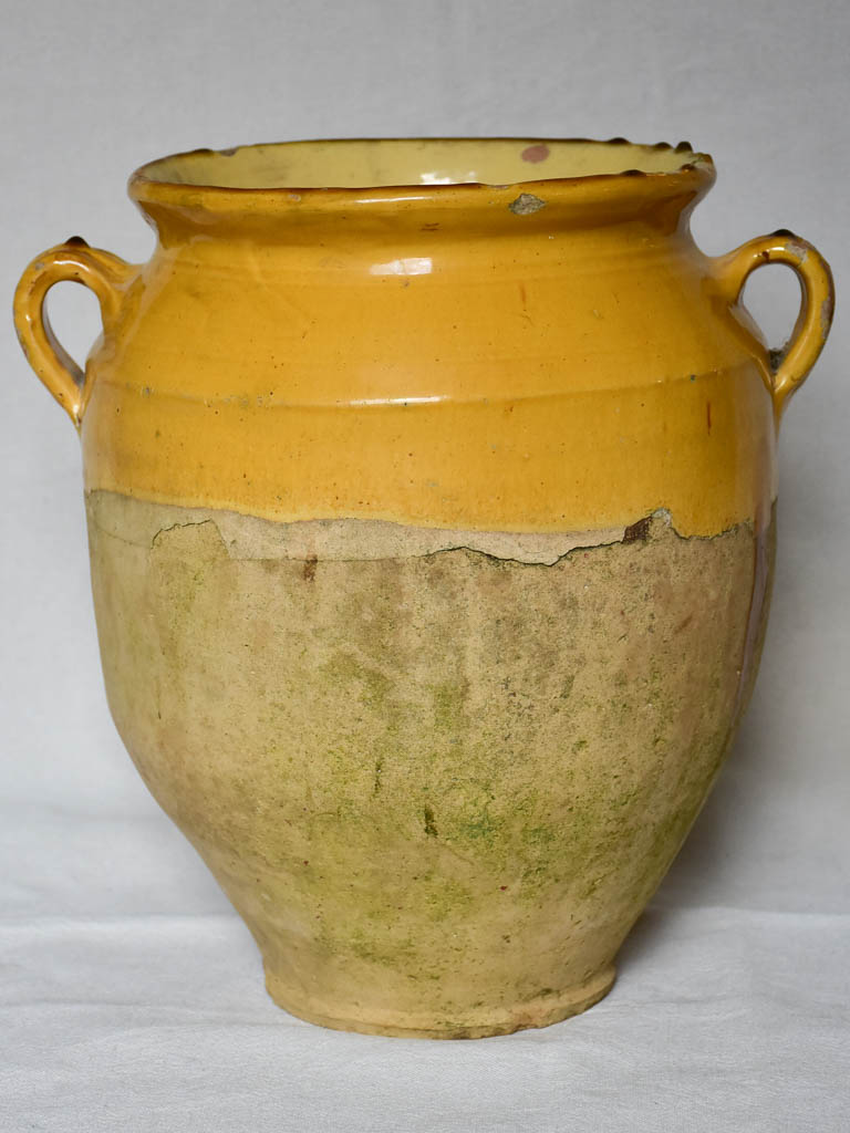 Very large antique French confit pot with yellow glaze 12½"