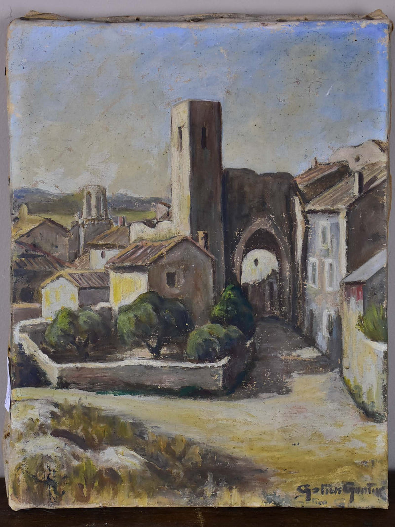 Antique French painting of a village 10 ¾'' x 14”