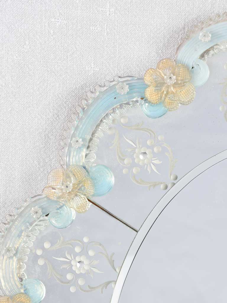 Vintage oval Venetian mirror with beige & blue flowers 27½"