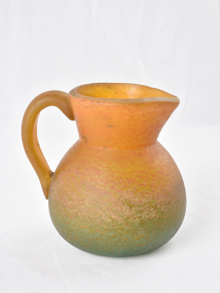 Green & orange Pate de verre glass pitcher - Georges de Feure (1868-1943) 7"