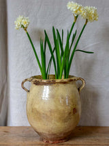 Large antique French confit pot with beige crackled glaze 9¾"
