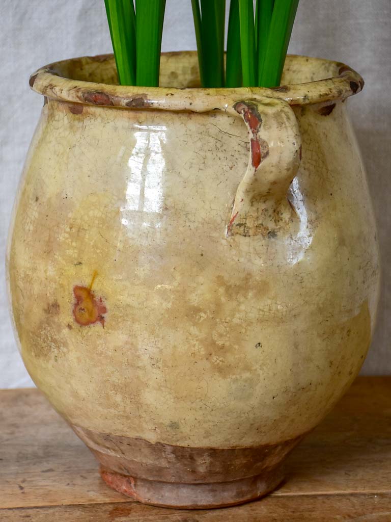 Large antique French confit pot with beige crackled glaze 9¾"