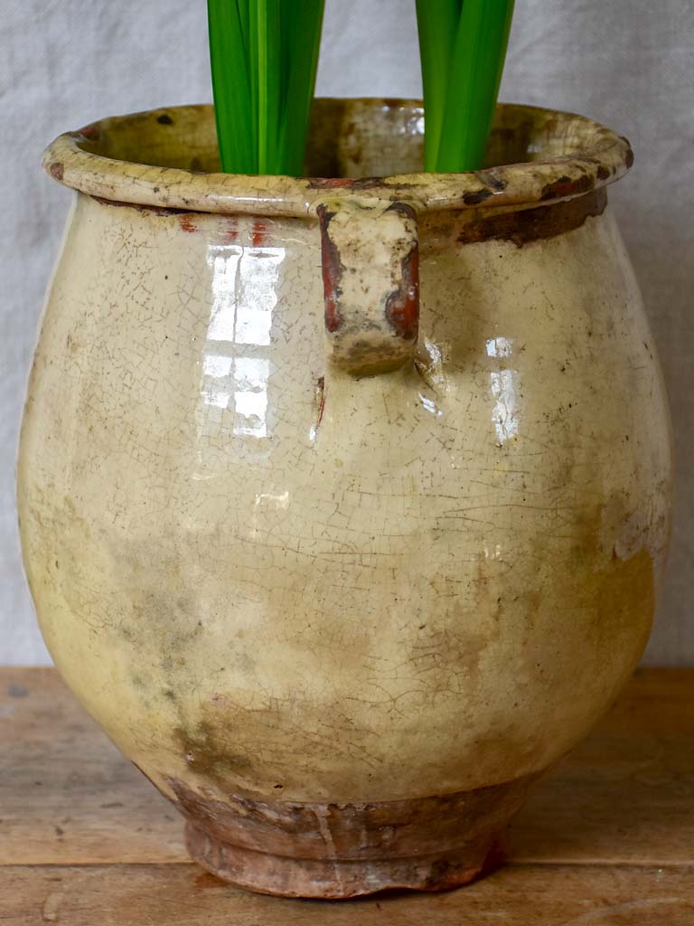 Large antique French confit pot with beige crackled glaze 9¾"