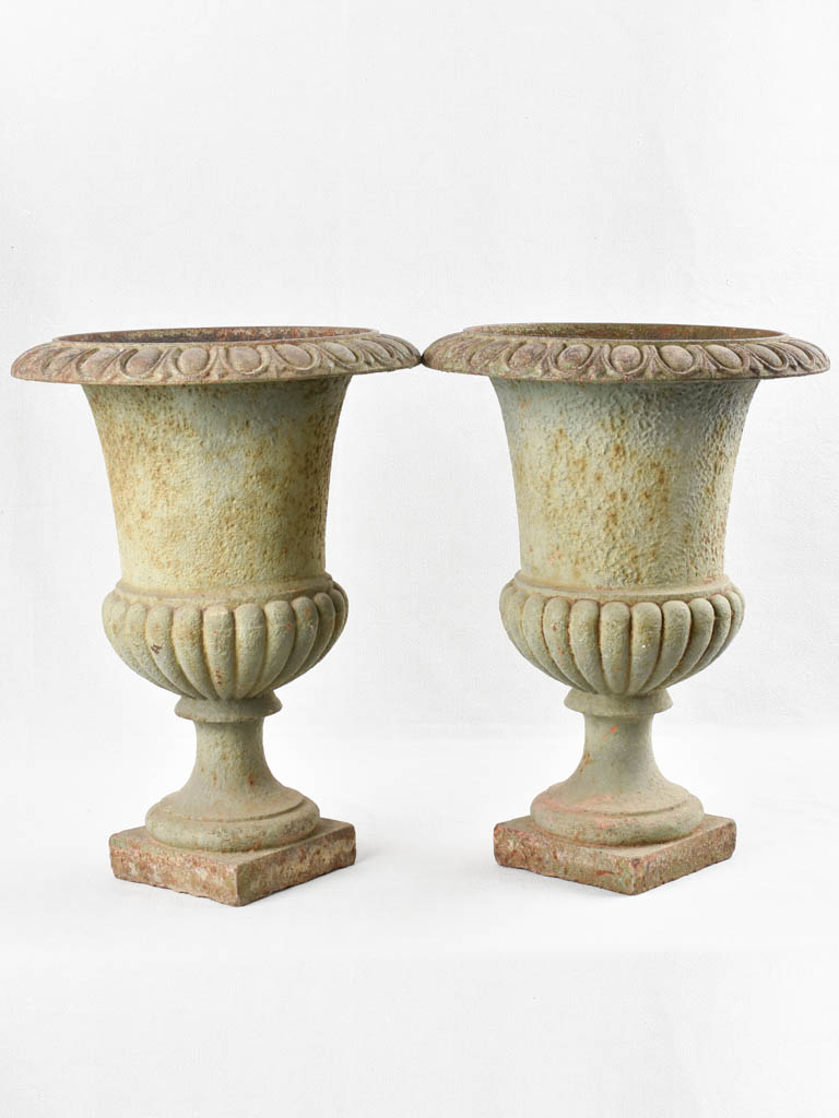 Pair of antique Medici urns - sage green patina 19¾"