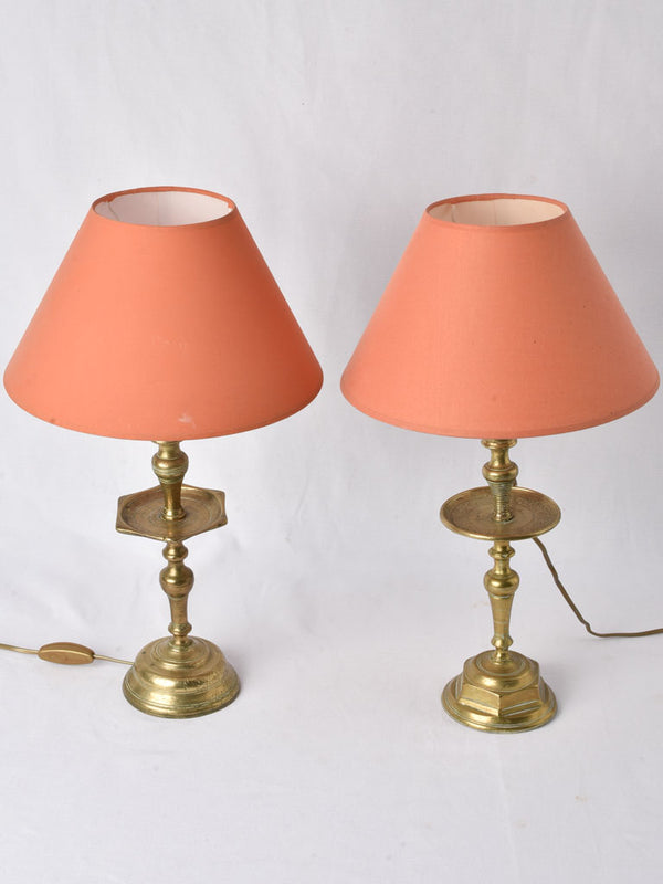 Two small bronze table lamps w/ red shades 19¾"