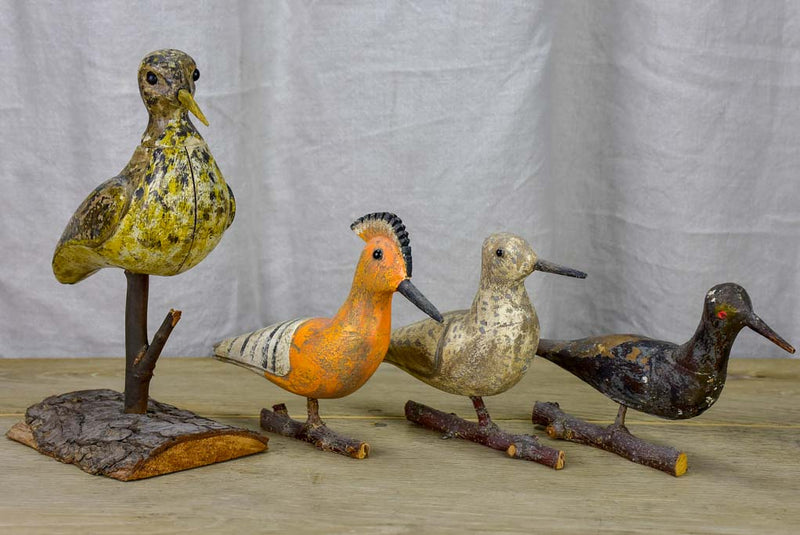 Collection of four antique carved wooden birds - late 19th / early 20th Century