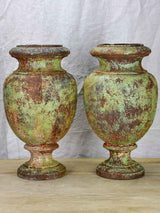 Pair of 19th Century cast iron garden urns with timeworn green patina 16¼"