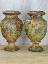 Pair of 19th Century cast iron garden urns with timeworn green patina 16¼"
