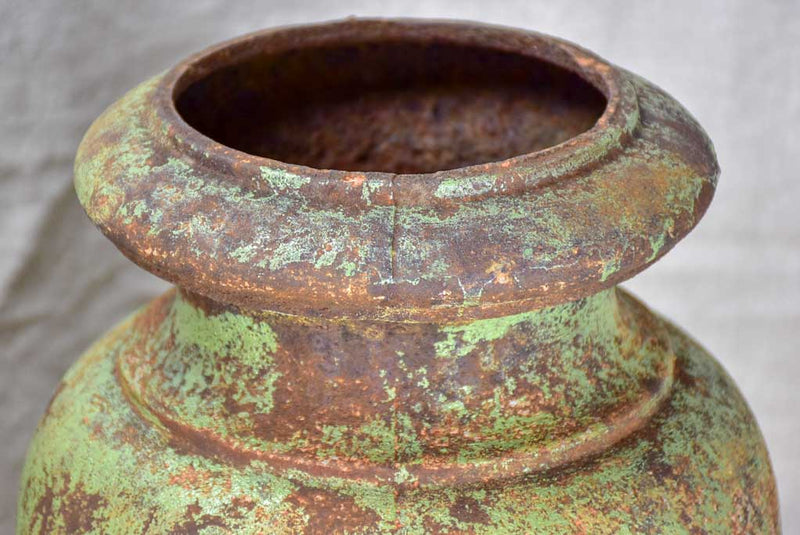 Pair of 19th Century cast iron garden urns with timeworn green patina 16¼"