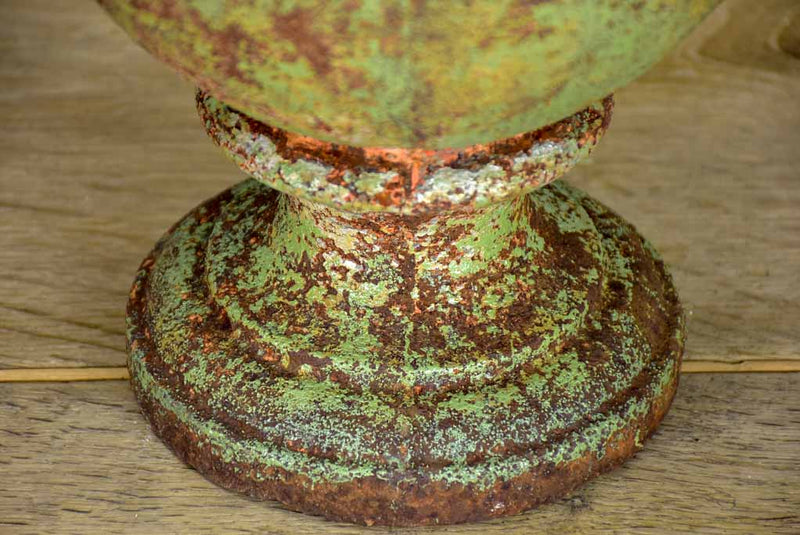 Pair of 19th Century cast iron garden urns with timeworn green patina 16¼"