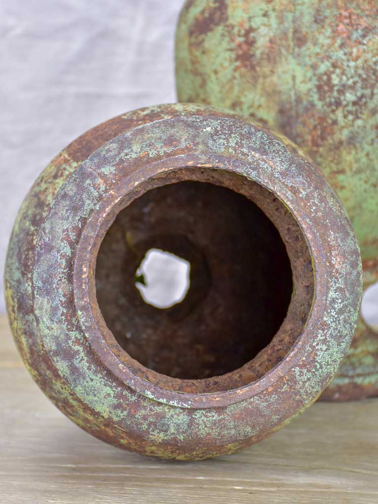 Pair of 19th Century cast iron garden urns with timeworn green patina 16¼"