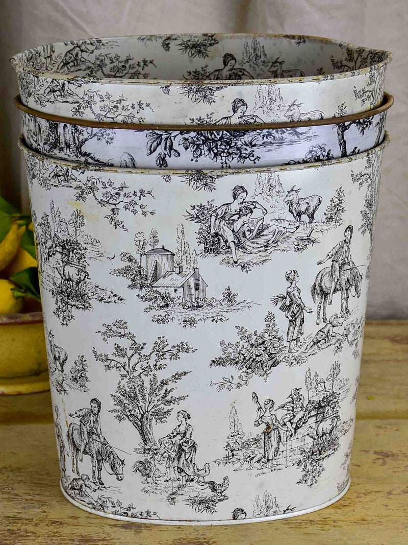 Vintage French waste paper basket - Toile de Jouy