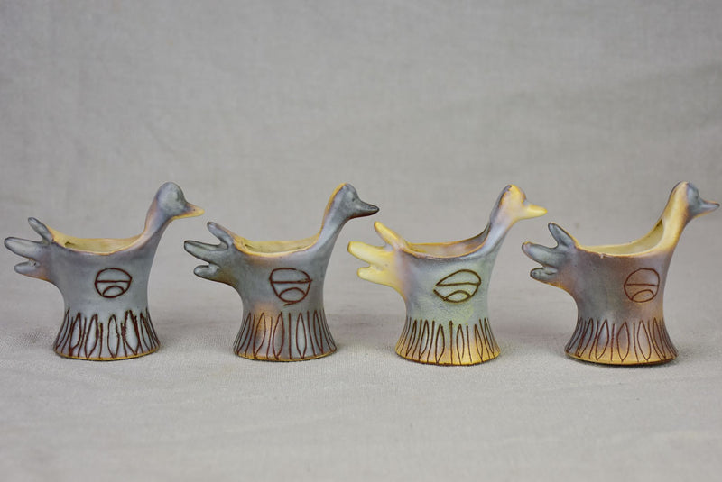 Set of four mid-century French bird-shaped egg cups from Vallauris
