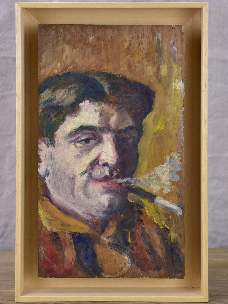 Small French painting 1930's of a man smoking a cigarette 7" x 11"