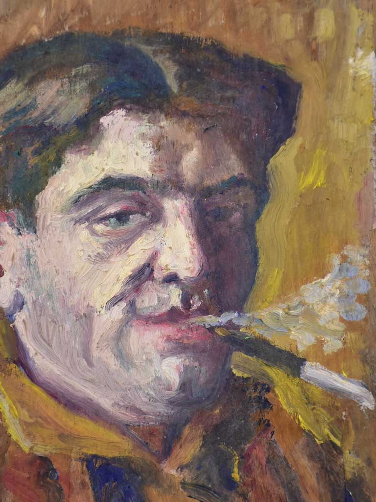 Small French painting 1930's of a man smoking a cigarette 7" x 11"