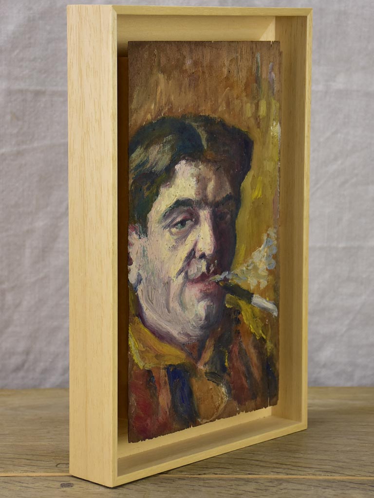 Small French painting 1930's of a man smoking a cigarette 7" x 11"