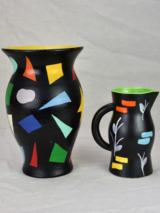 Vintage pitcher and vase painted black with bright colored shapes 11¾"