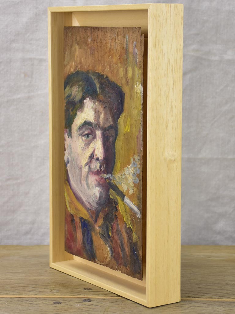 Small French painting 1930's of a man smoking a cigarette 7" x 11"