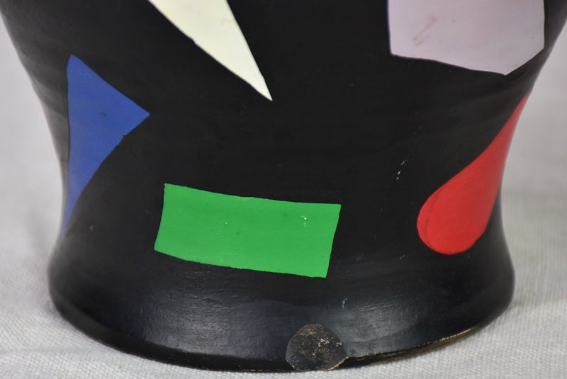 Vintage pitcher and vase painted black with bright colored shapes 11¾"