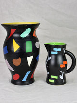 Vintage pitcher and vase painted black with bright colored shapes 11¾"