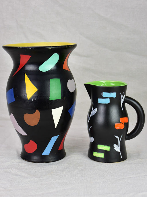 Vintage pitcher and vase painted black with bright colored shapes 11¾"