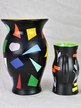 Vintage pitcher and vase painted black with bright colored shapes 11¾"