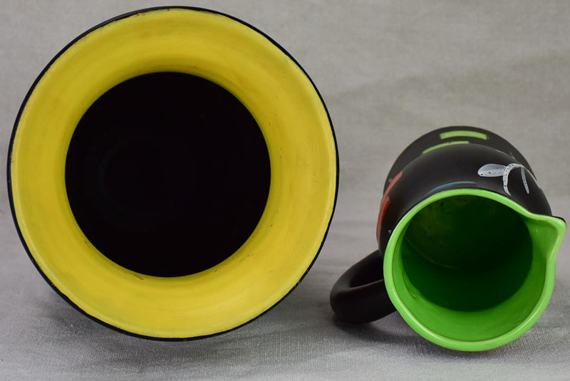 Vintage pitcher and vase painted black with bright colored shapes 11¾"
