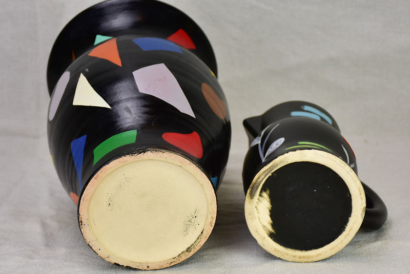 Vintage pitcher and vase painted black with bright colored shapes 11¾"