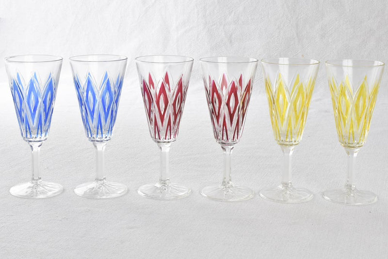 Set of six vintage argyle patterned colored wine glasses