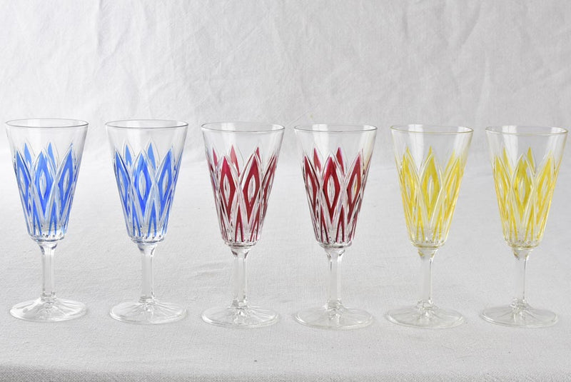 Set of six vintage argyle patterned colored wine glasses