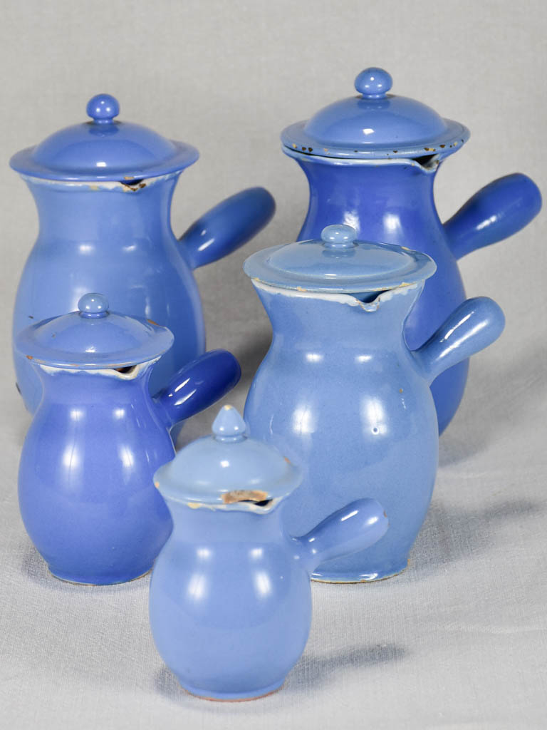 Collection of five 19th-century blue pots from Sète