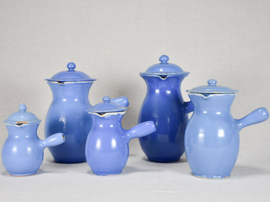 Collection of five 19th-century blue pots from Sète