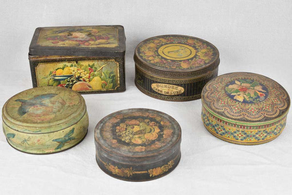 Timeworn rustic vintage biscuit tins collection