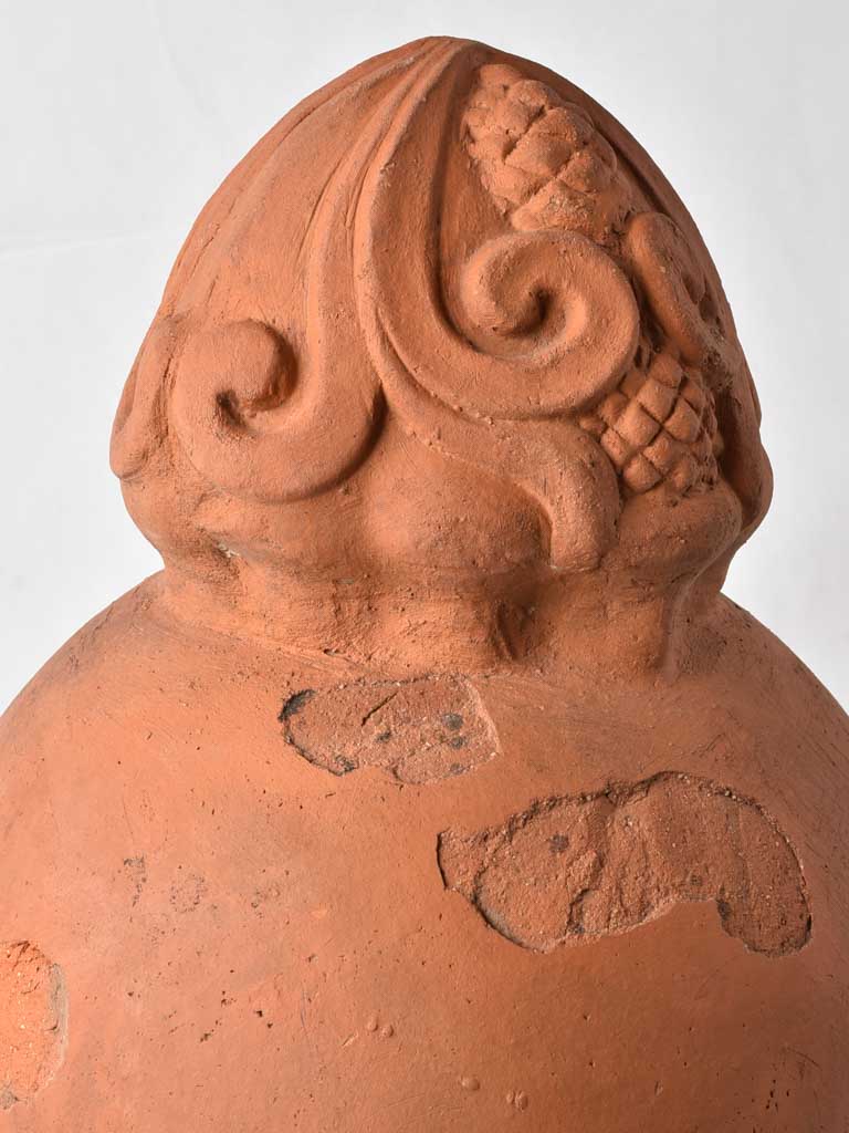 Pair of round finials with embellishments - terracotta 11¾"